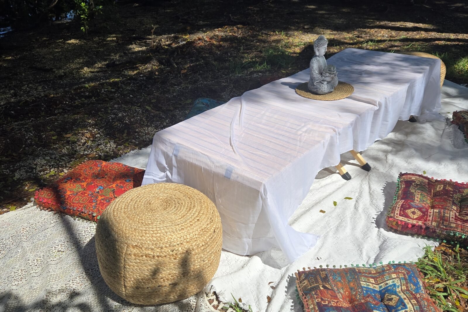 The same setup in a shaded park: white linens, patterned floor cushions and rugs laid out on the grass.